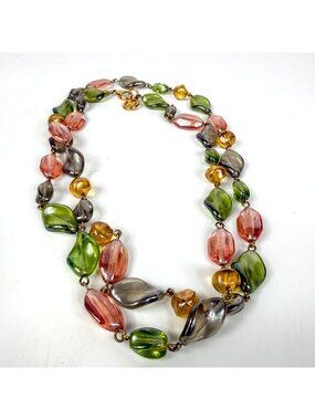 Vintage Givenchy Poured Glass Pastel Beaded Necklace Gold Tone 34''